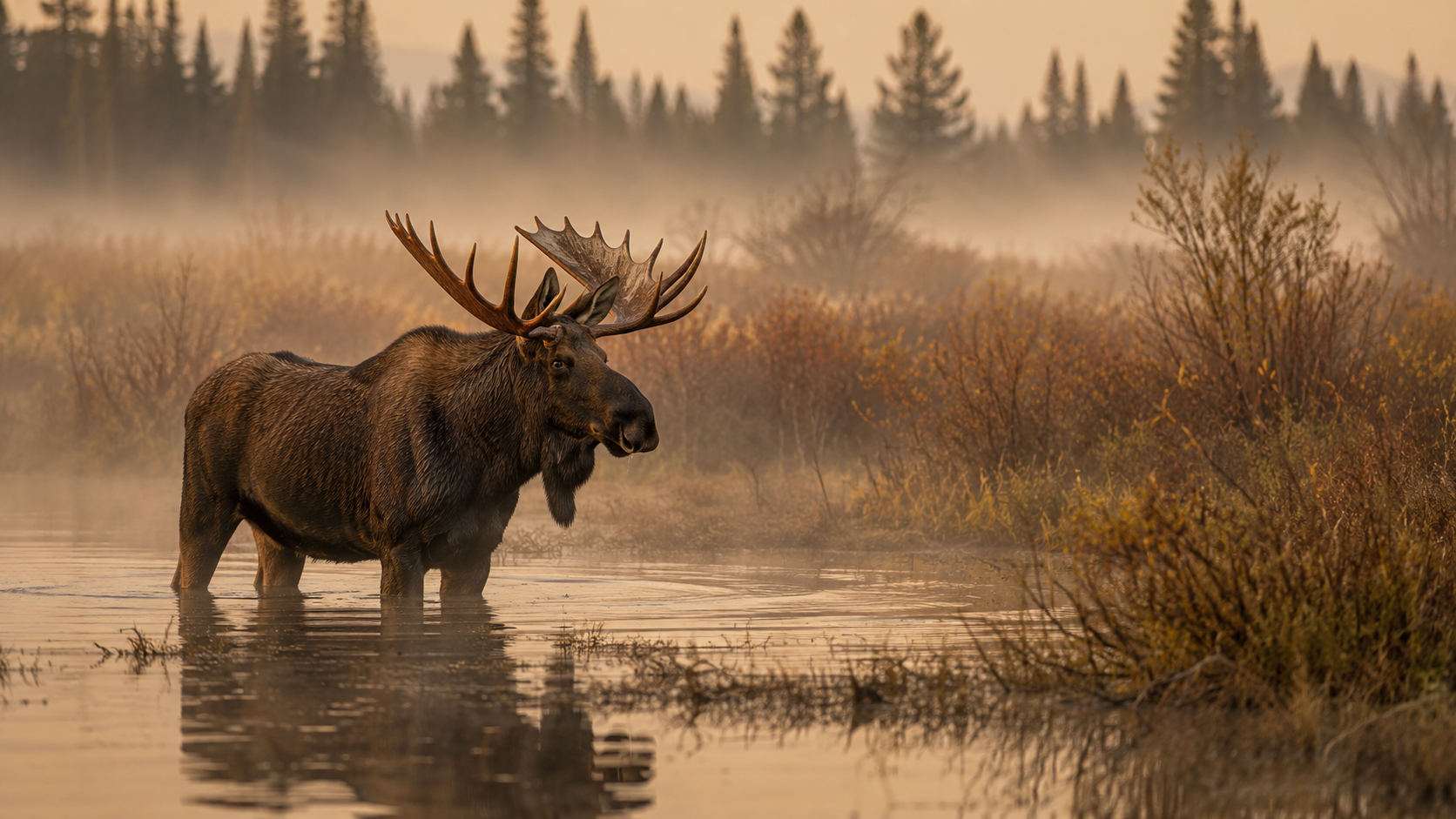 Bull moose with large antlers standing in a misty wetland willow flat at dawn
