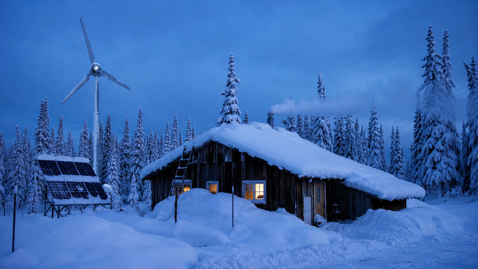 Heavily insulated off-grid cabin buried in snow in interior Alaska with a wind turbine and solar panels