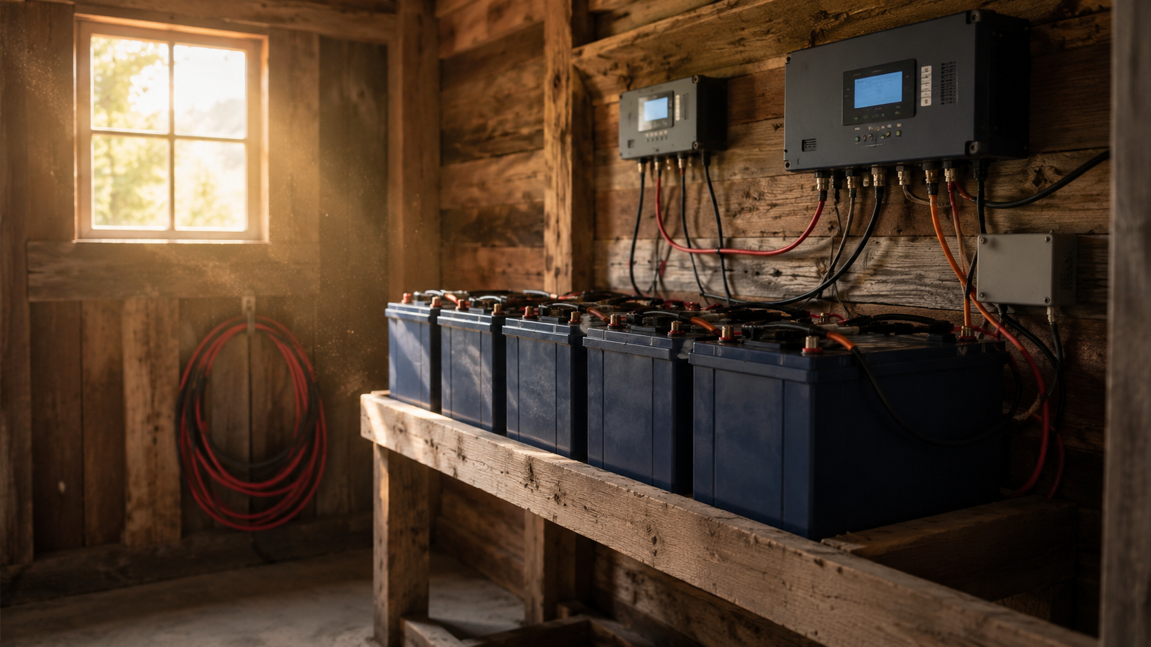 Lithium LiFePO4 battery bank wired to a charge controller and inverter in a wooden off-grid utility shed
