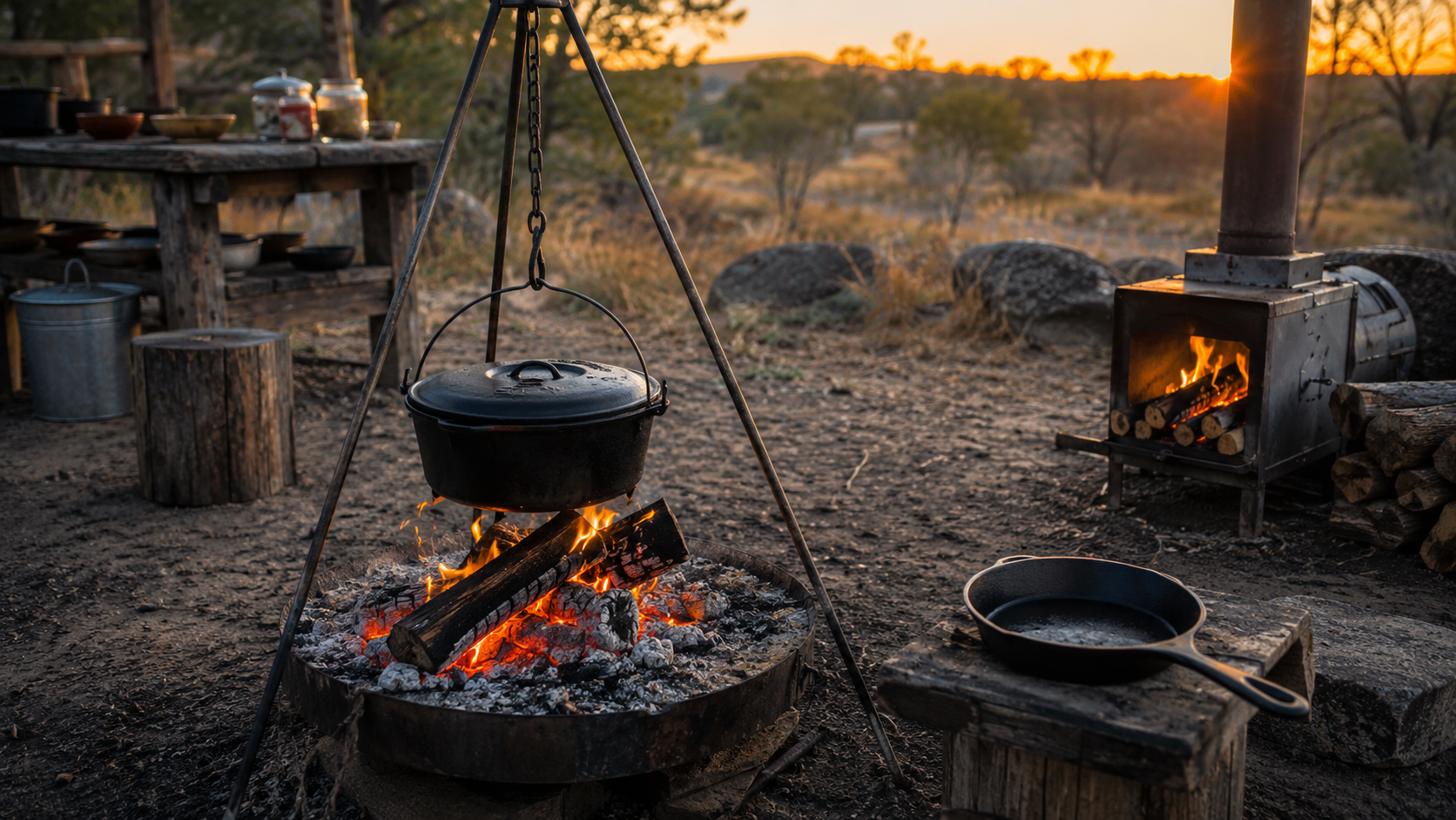 Cast iron Dutch oven cooking over wood coals outdoors on a tripod next to a wood stove and skillet