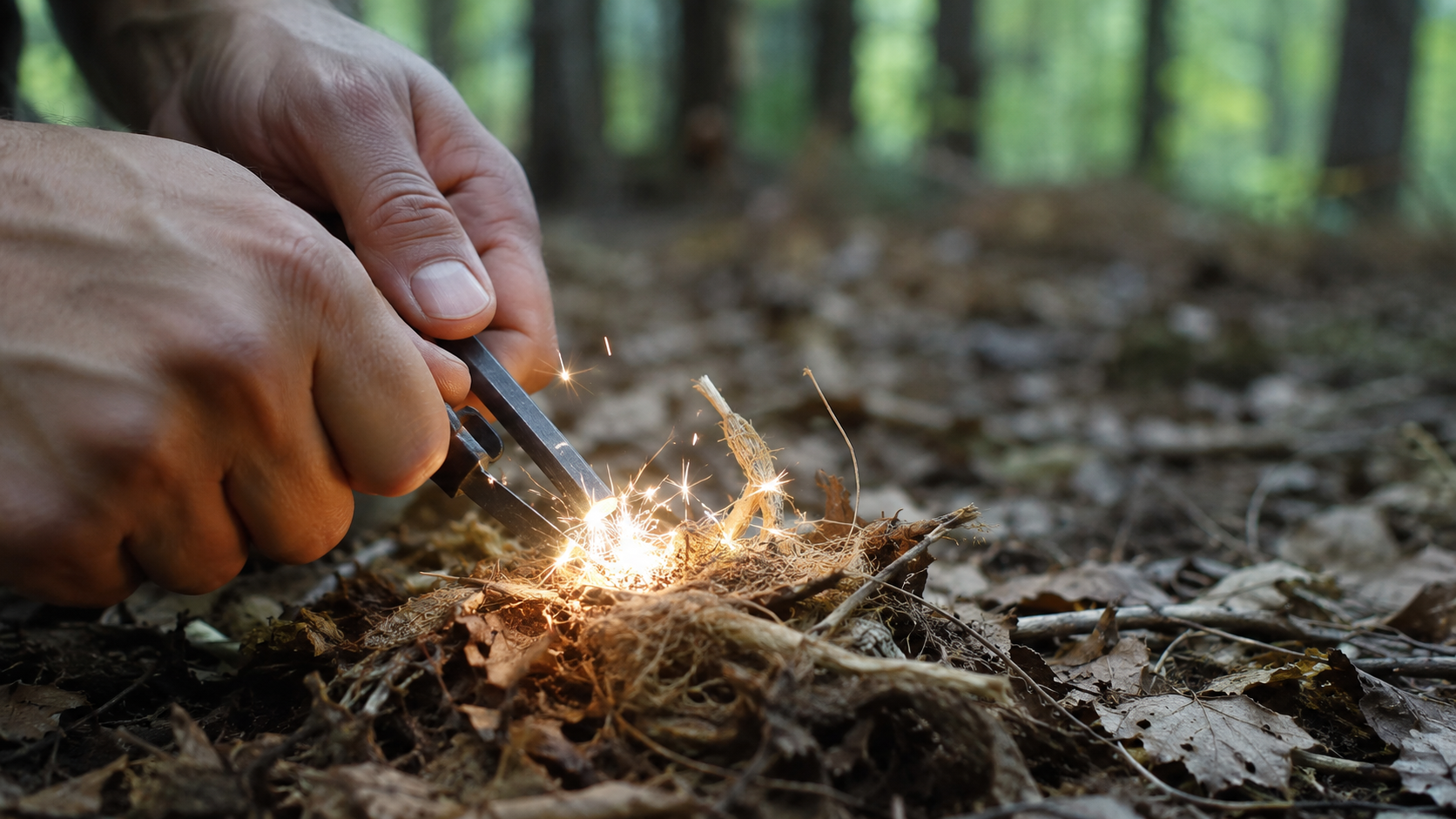 Hands striking a ferro rod to throw sparks onto a dry tinder bundle on the forest floor