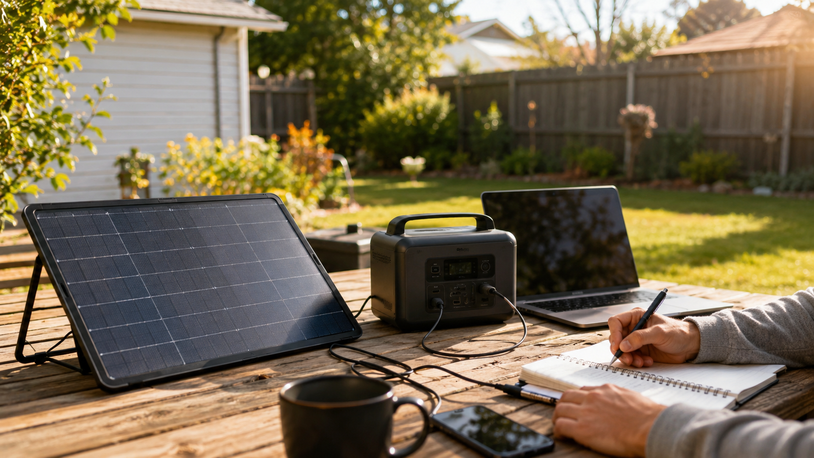 A small portable solar and battery setup next to a notebook, an early step toward off-grid living