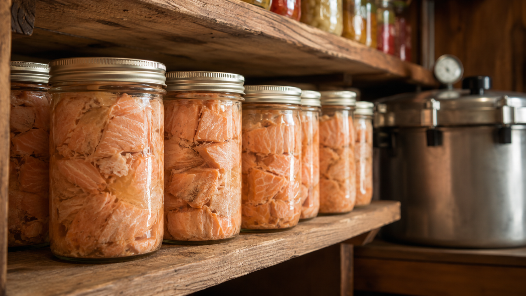 Home-canned salmon in glass mason jars on a rustic pantry shelf beside a pressure canner