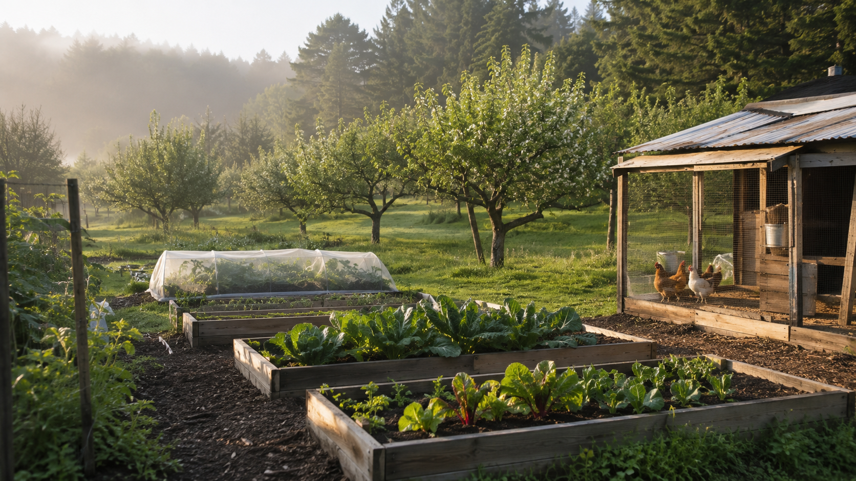 Raised-bed vegetable garden with young fruit trees and a small chicken coop on a productive homestead