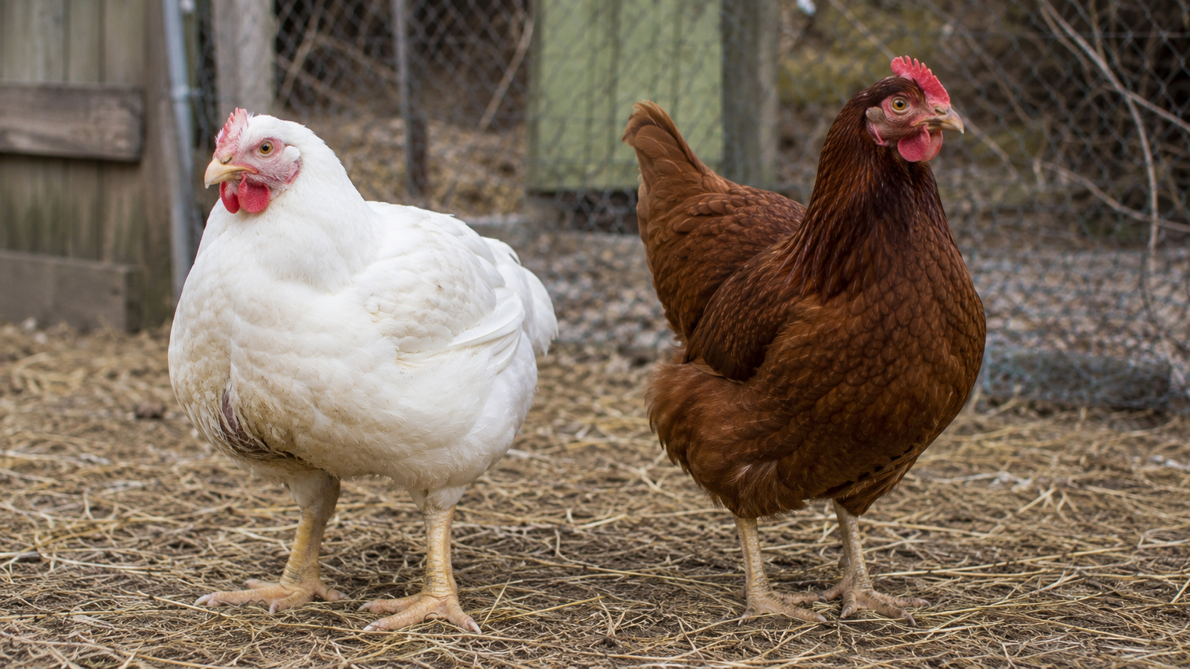 A stocky Cornish Cross meat bird next to a leaner Rhode Island Red egg-laying hen in a coop yard