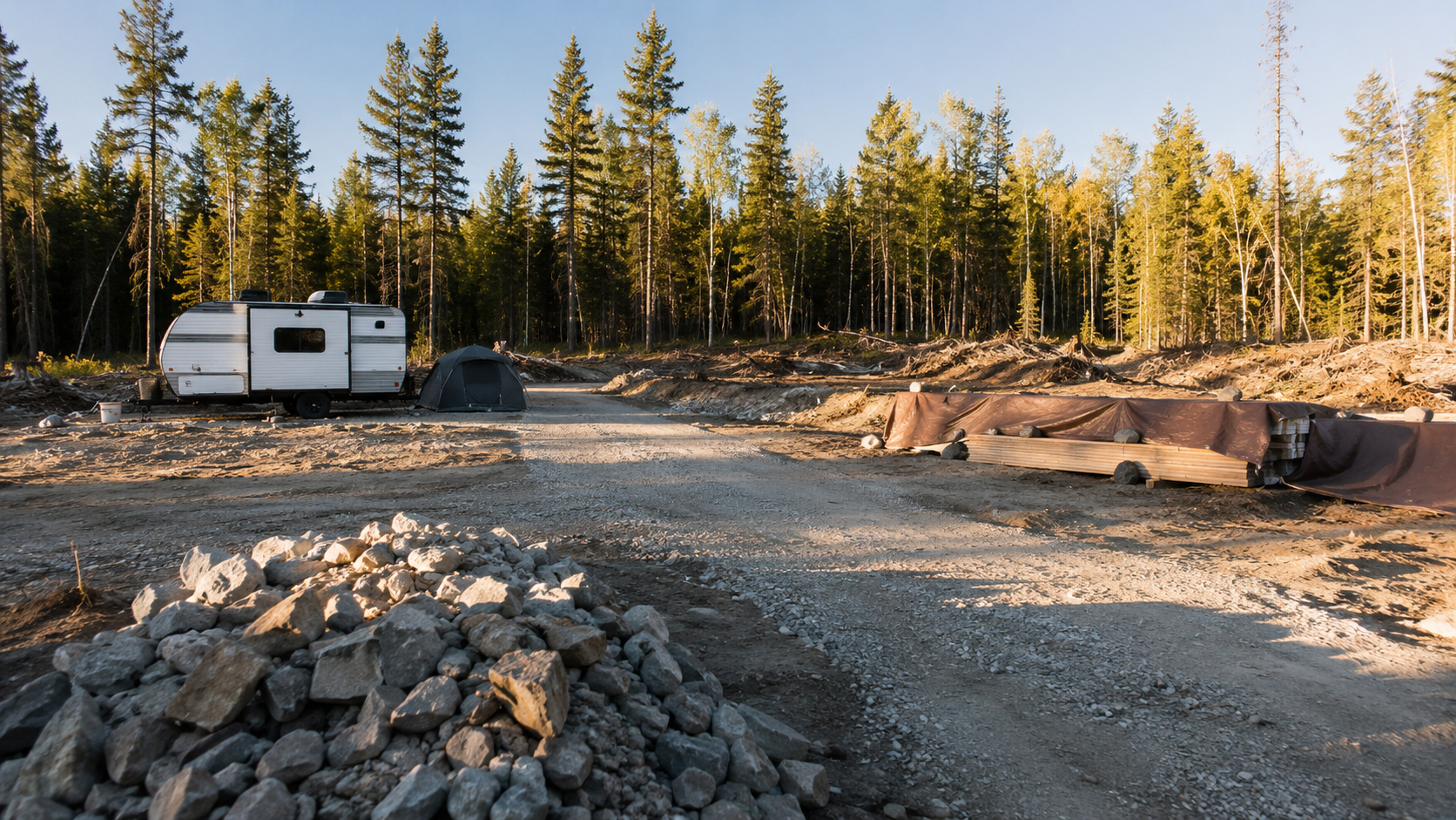 An early-stage off-grid build site with a camper trailer, tent, gravel access road, and staged lumber under a tarp
