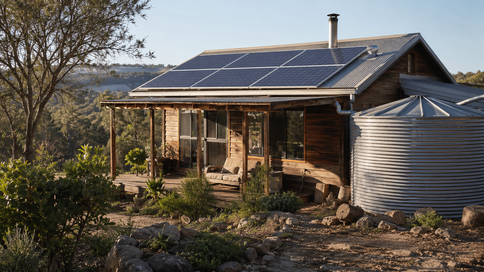 An off-grid homestead with rooftop solar panels, a wood stove chimney, and a rainwater storage cistern