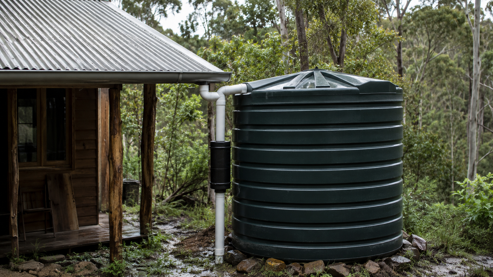 Rainwater collection system with metal roof gutters feeding a large storage cistern beside a rustic off-grid cabin