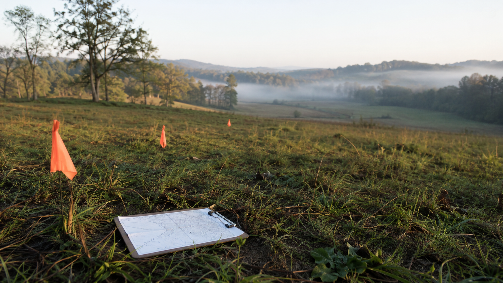 Raw rural land marked with survey flags and a site map, being evaluated for a future off-grid homestead