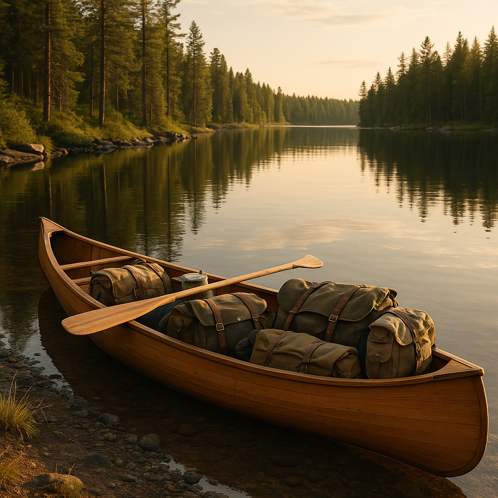 A wooden touring canoe loaded with camping gear beached on a calm wilderness lake shore, paddle resting across the gunwales