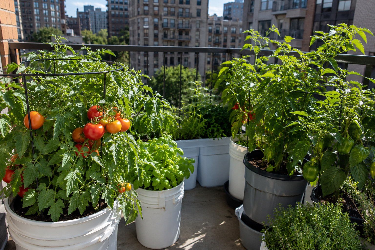 A small apartment balcony container garden with tomatoes, peppers, and herbs growing in buckets