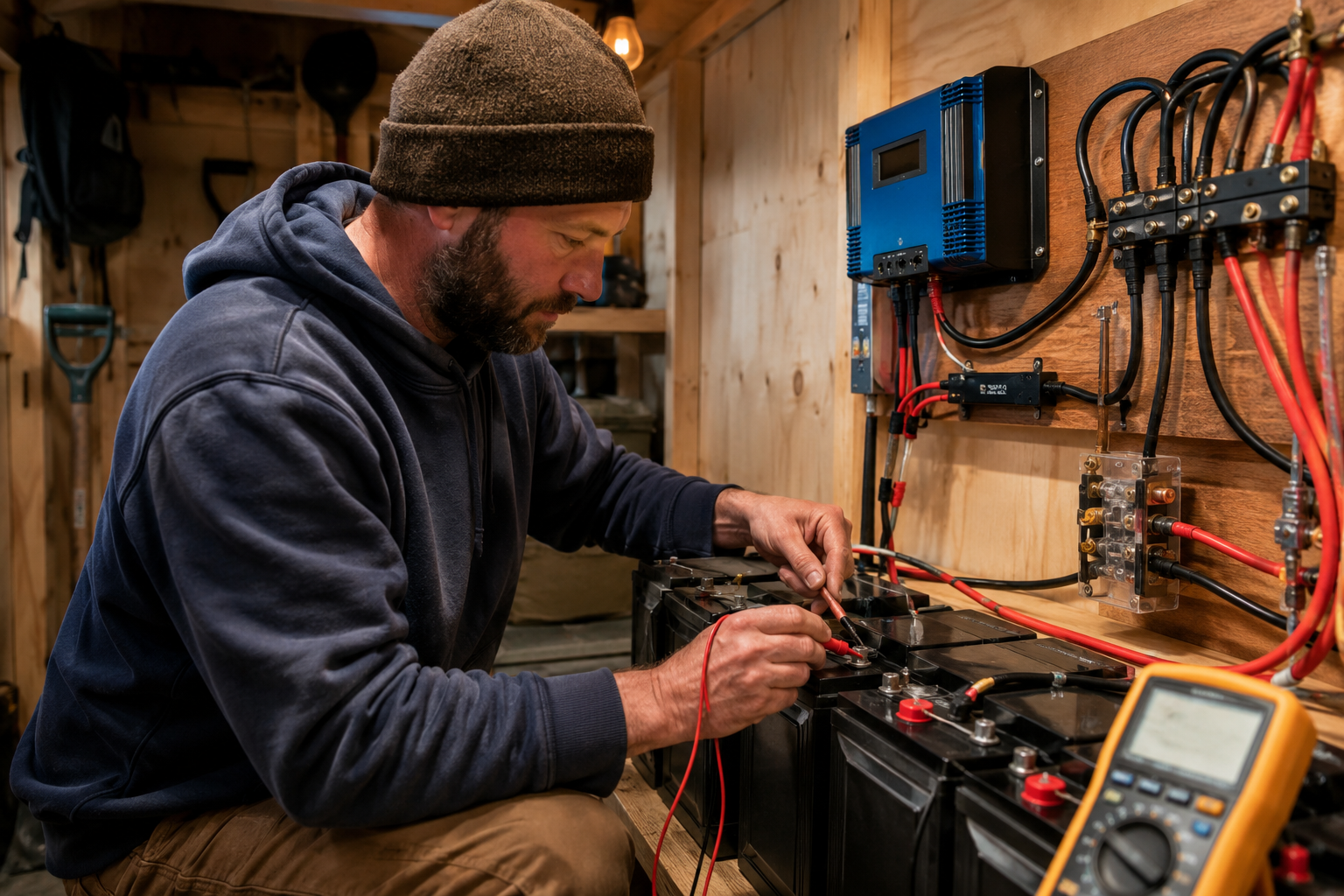 A homesteader checking off-grid solar battery bank terminal connections with a multimeter