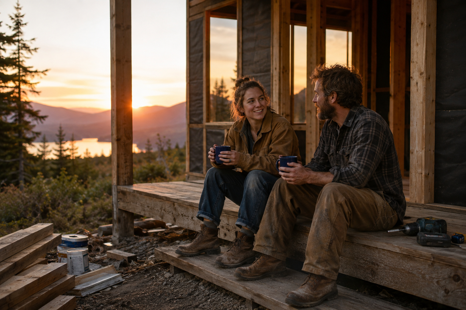 A couple sitting on the porch of a half-finished off-grid cabin at sunset talking together