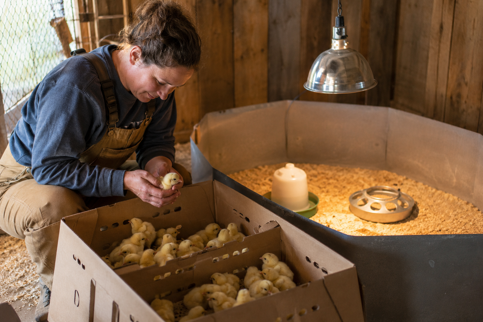A box of day-old chicks being unpacked next to a ready heat-lamp brooder setup