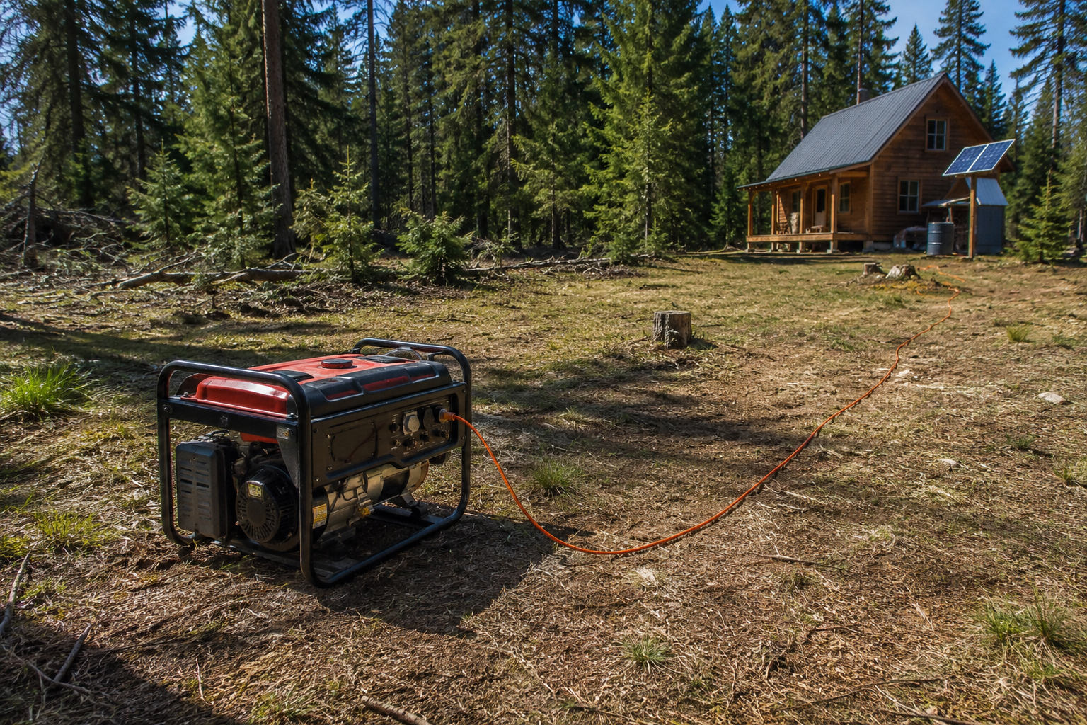 A portable backup generator running well away from an off-grid cabin with a cord running to the house