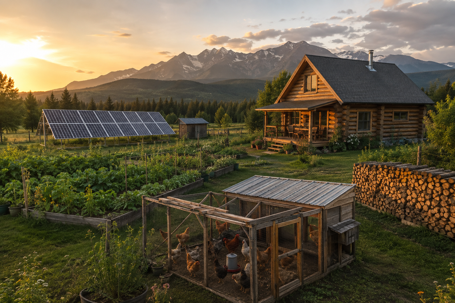 A thriving off-grid homestead with a log cabin, solar panels, garden, chicken coop, and firewood stack at golden hour