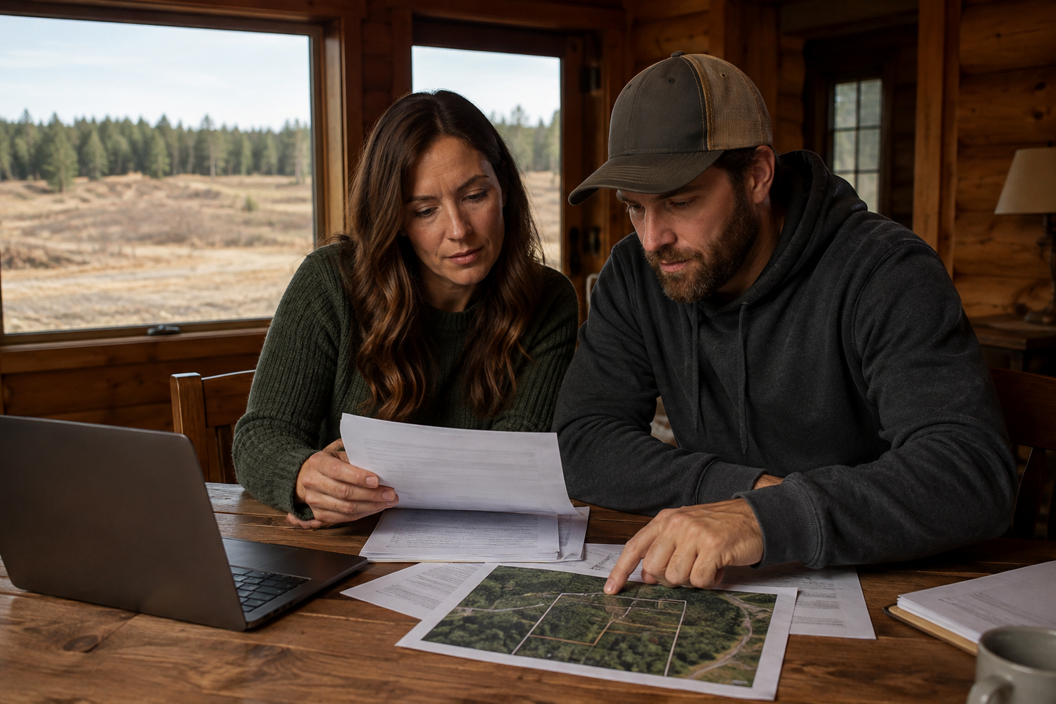 A couple reviewing land purchase paperwork and a property map at a wooden table with raw land visible outside