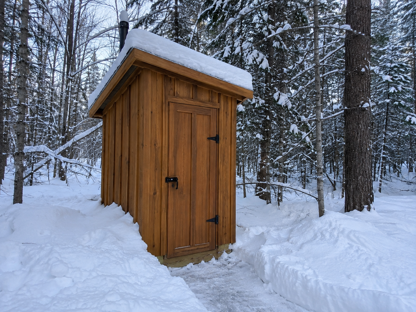 A board-and-batten wooden outhouse with a vent pipe in a snowy winter forest