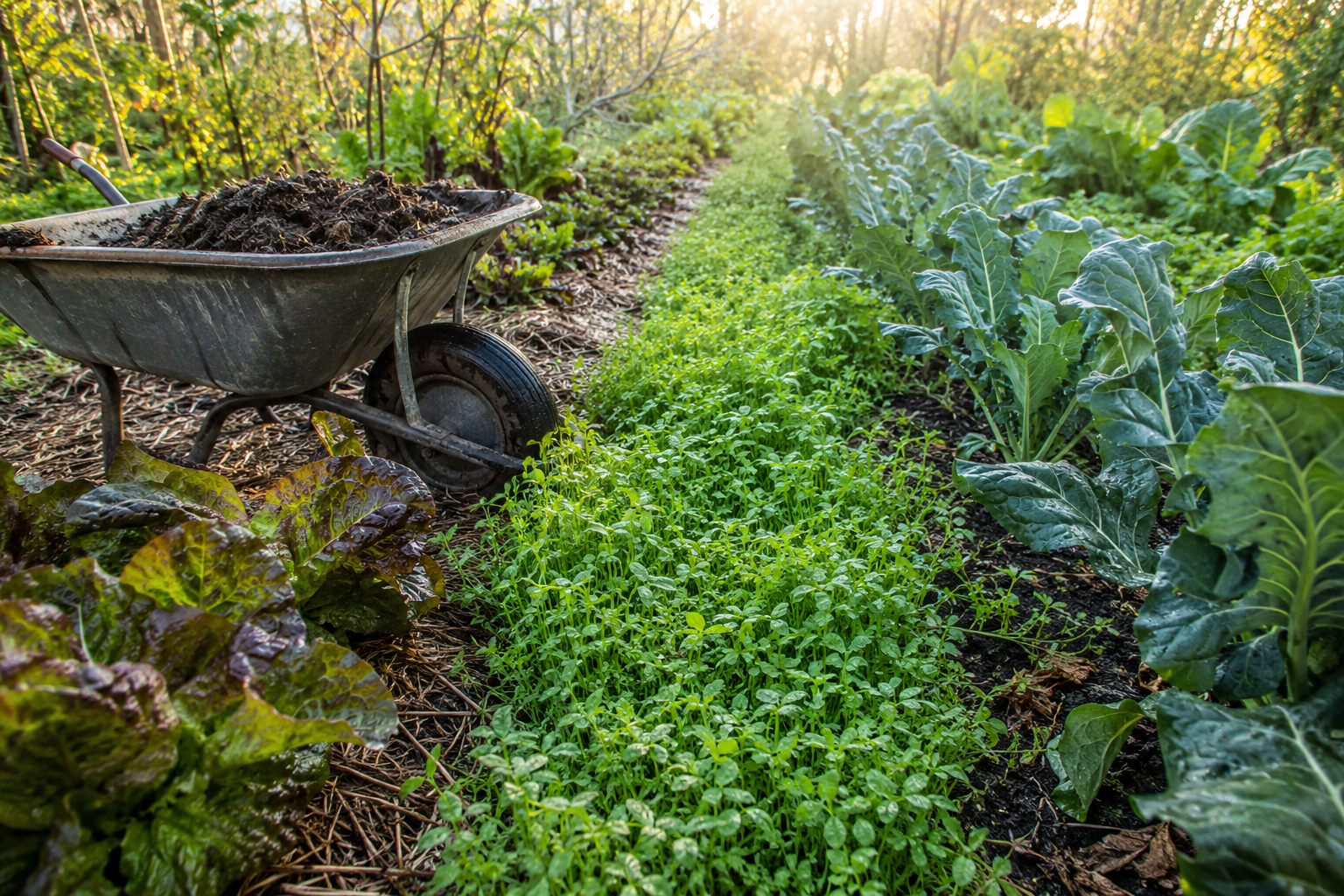 A permaculture garden bed with a legume cover crop growing between vegetable rows and a wheelbarrow of compost