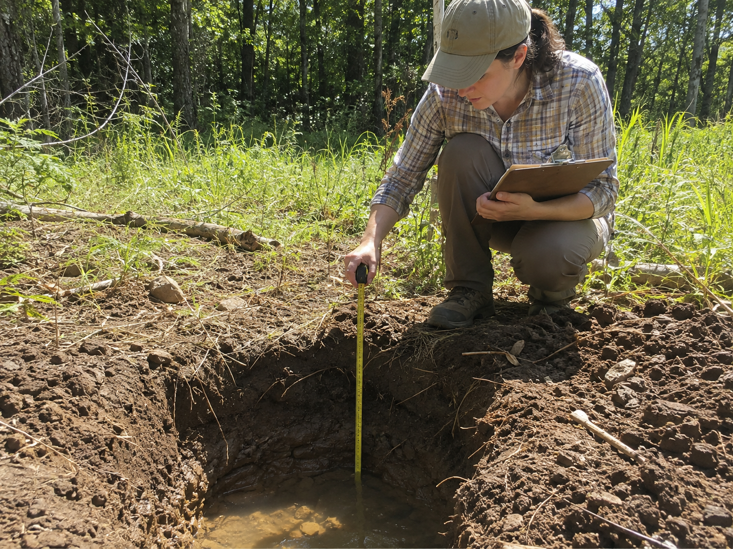 A person conducting a soil percolation test on wooded raw land before buying it