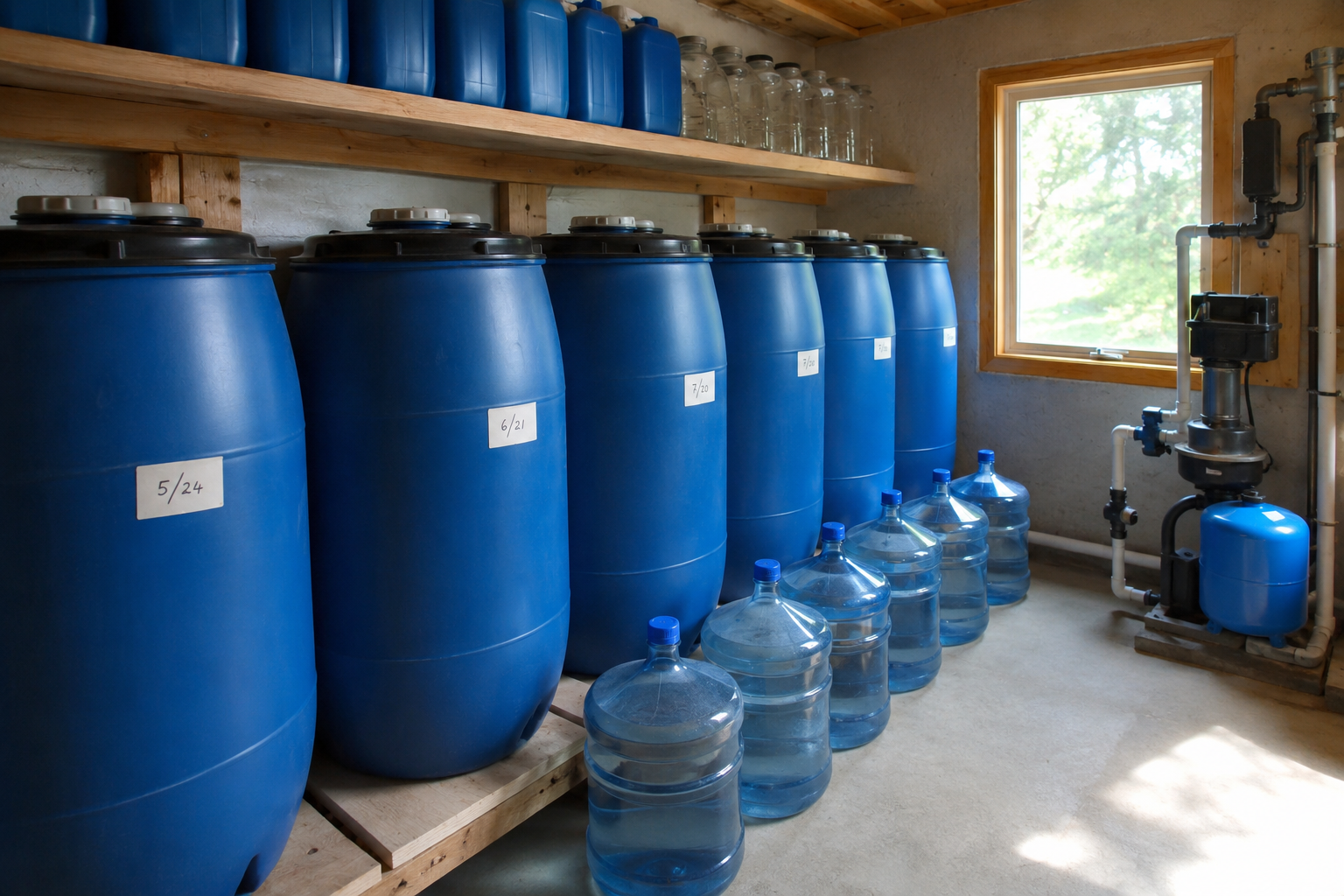 Blue water storage barrels and jugs organized in a utility room with a well pump nearby