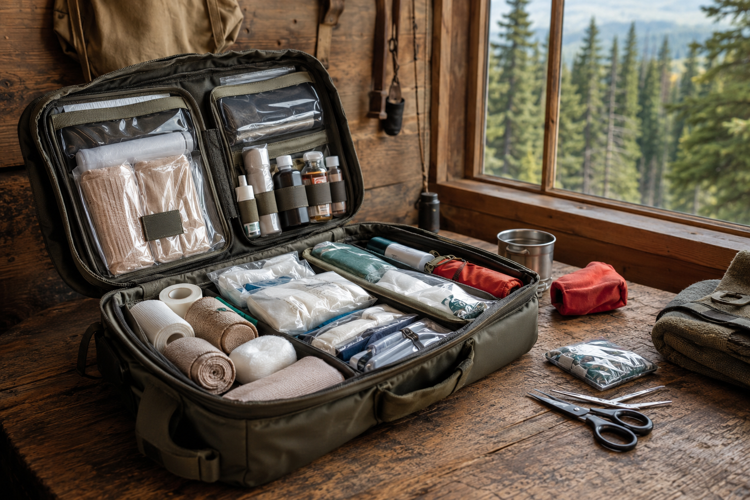 A well-stocked wilderness first aid kit on a cabin table with remote forest visible outside