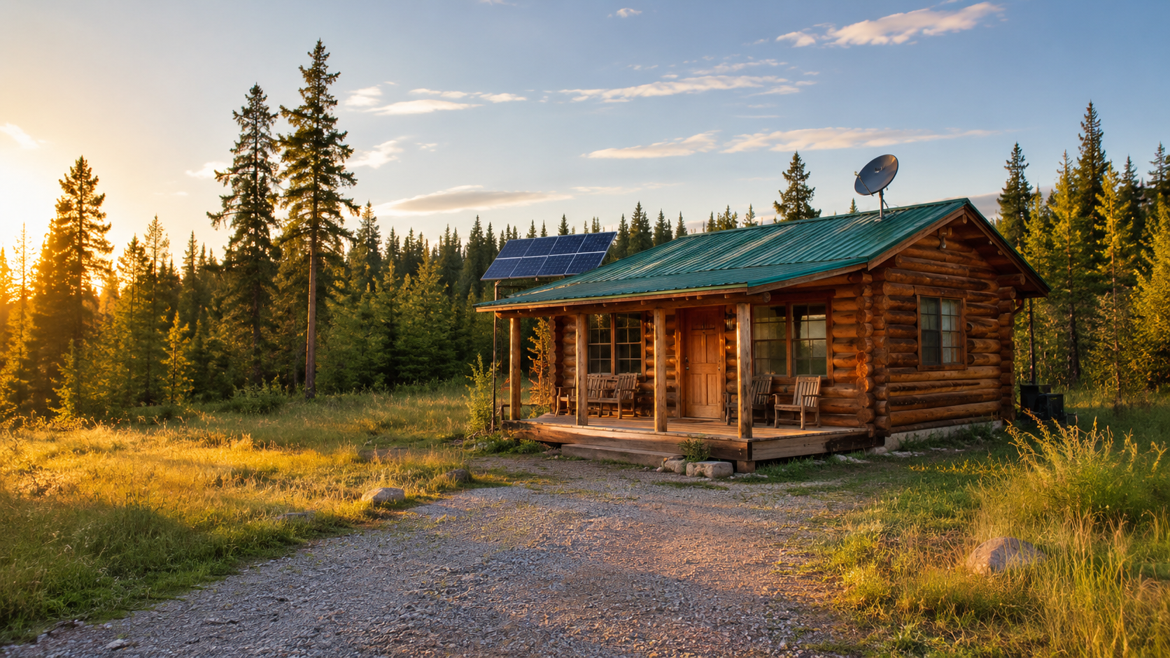 Satellite internet dish and solar panels mounted on an off-grid log cabin roof