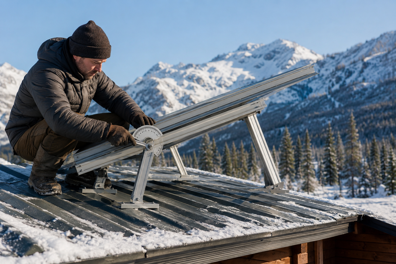 A person adjusting solar panel mounting rack tilt angle on an off-grid cabin roof in winter
