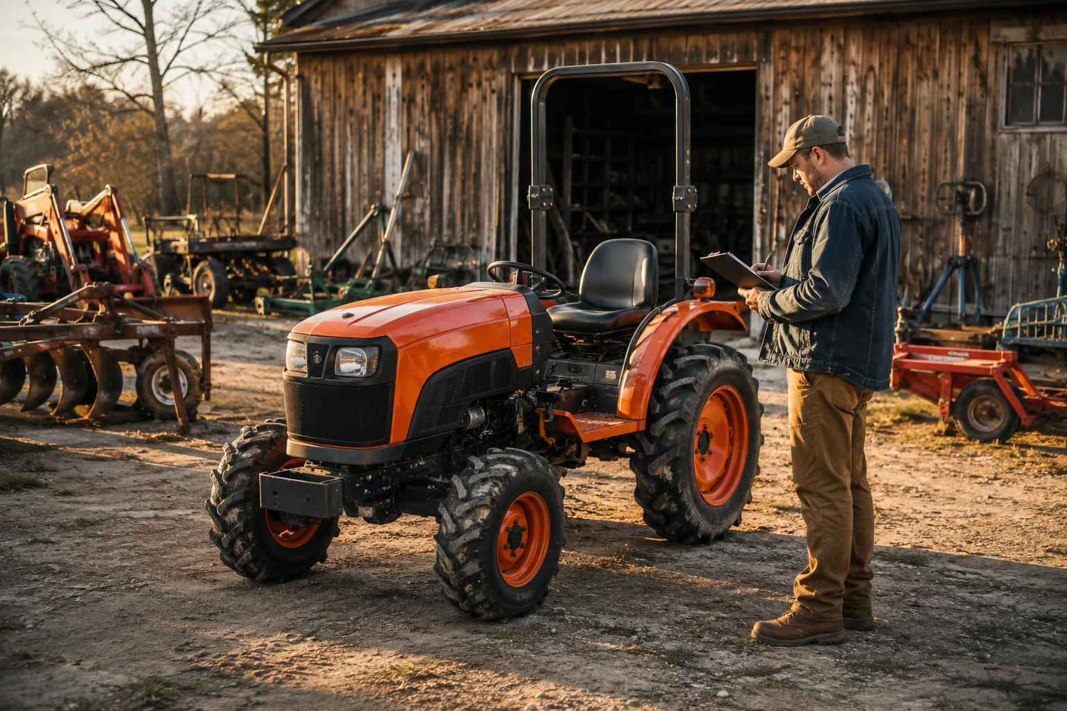 A person inspecting a used compact tractor in front of a homestead barn with secondhand equipment nearby