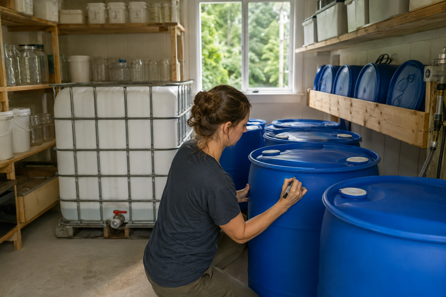 A person labeling and dating food-grade water storage barrels in an organized utility room with an IBC tote