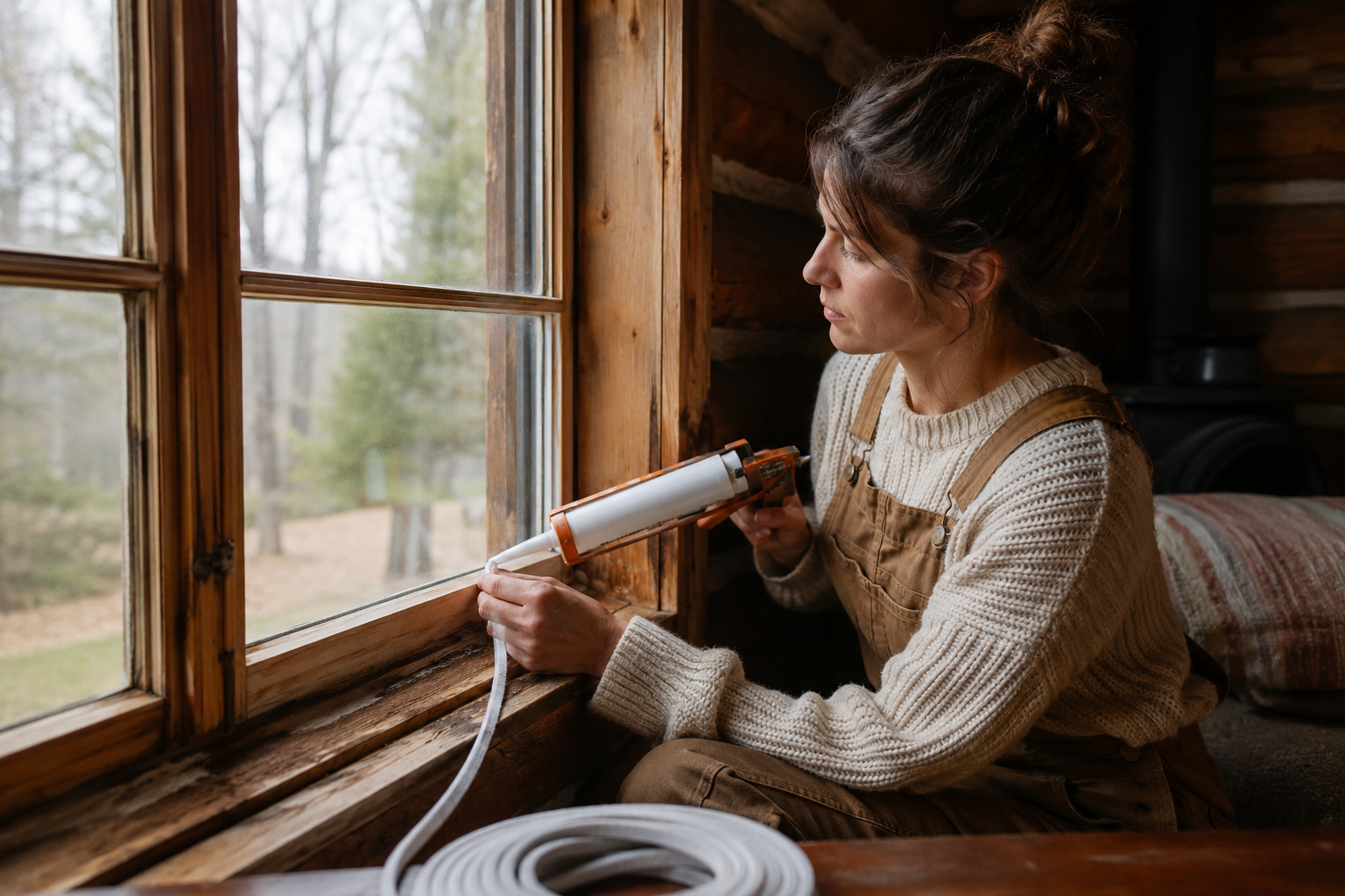 A person applying caulk and weatherstripping to a window frame in a rustic off-grid cabin