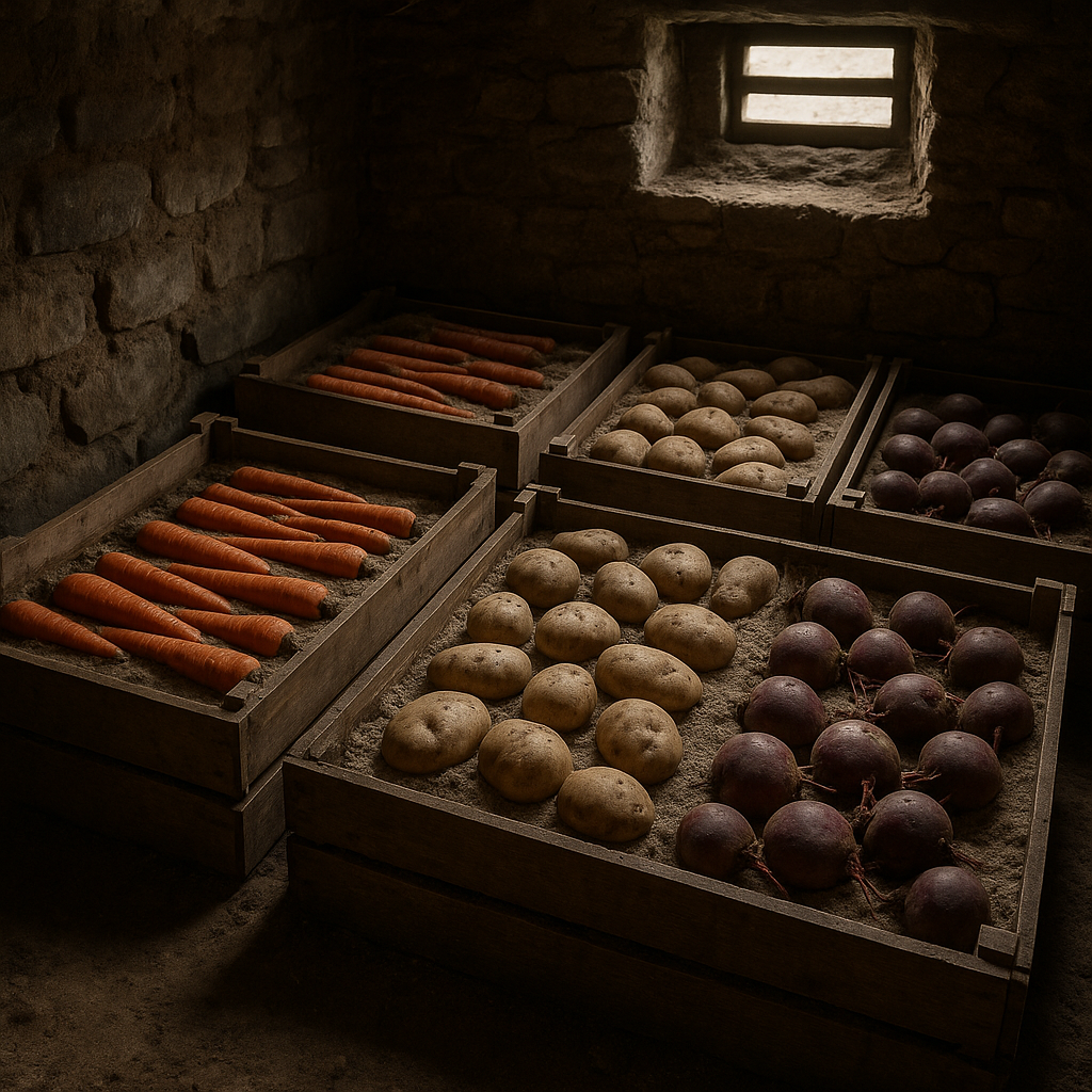 Rows of root vegetables including carrots, potatoes, and beets stored in wooden crates layered with damp sand inside an underground root cellar