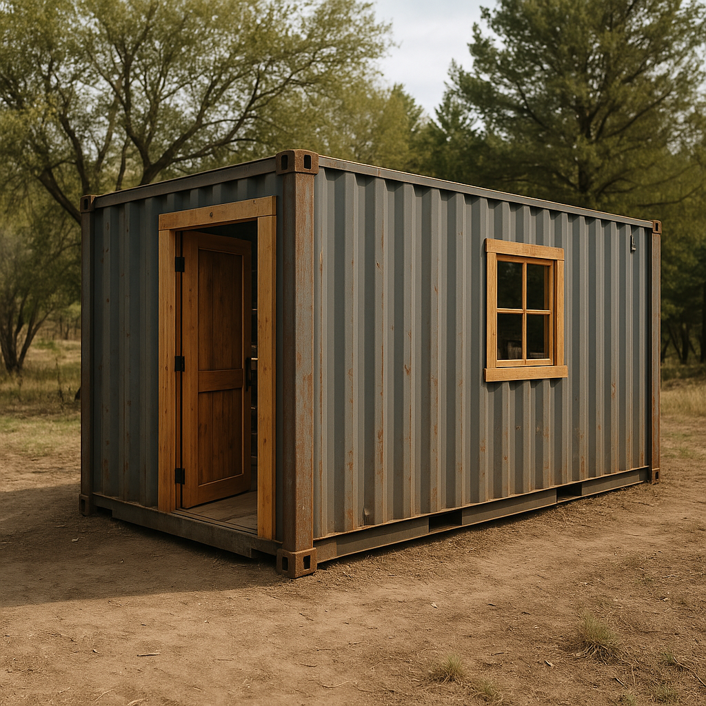 A 20-foot steel shipping container converted into an insulated off-grid workshop with a wood-framed door and window cut into the side wall