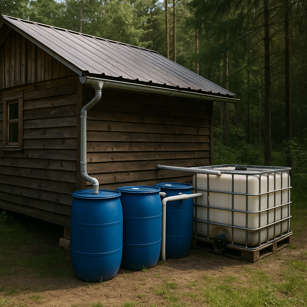 A rainwater collection system on a rural homestead with metal gutters feeding into large food-grade storage barrels beside a cabin