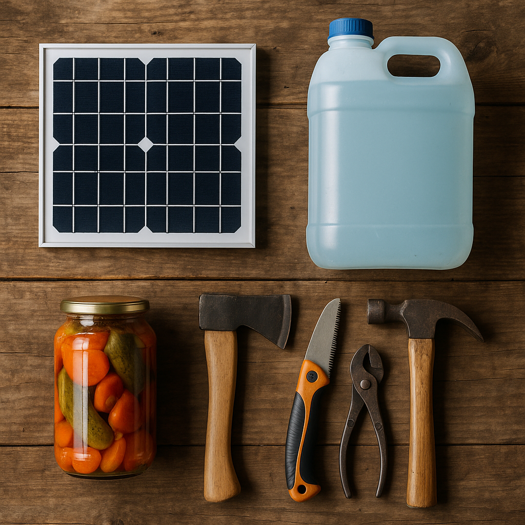 A checklist-style overhead view of off-grid homestead essentials: solar panels, a water storage tank, a root cellar entrance, and hand tools laid out on a wooden table