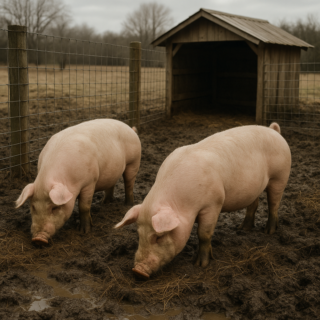 Two pigs foraging in a mud and straw pen with sturdy woven-wire fencing and a three-sided wooden shelter