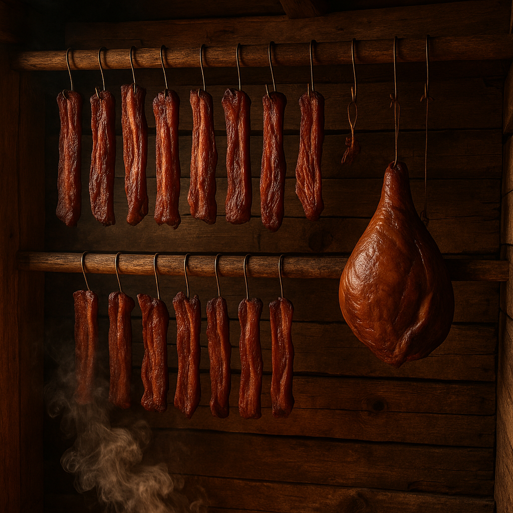 Strips of smoked meat and a whole cured ham hanging from wooden racks inside a rustic outdoor smokehouse with visible wood smoke